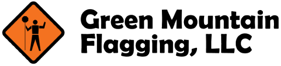 Green Mountain Flagging, LLC logo of an orange traffic sign with a person icon who is directing traffic